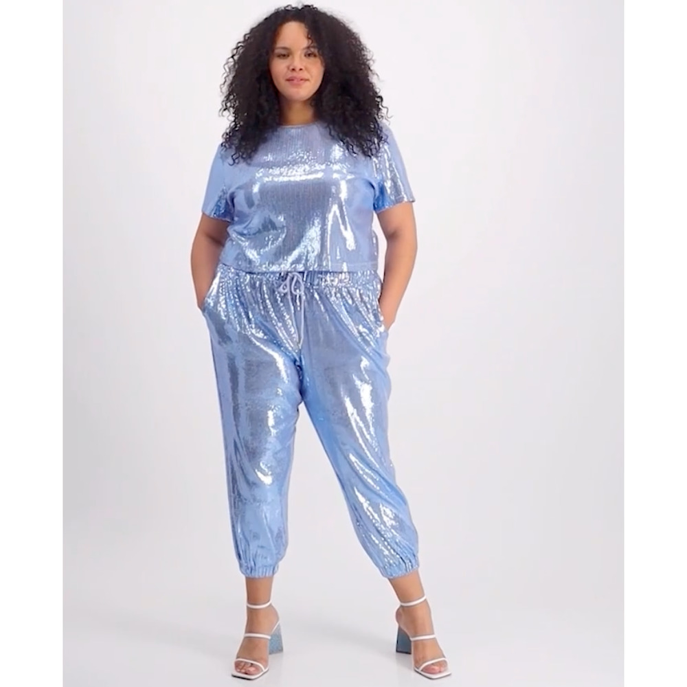 Nina Parker Light Blue Full Sequin Jogger Pant Top Matching Set Plus Size 1x